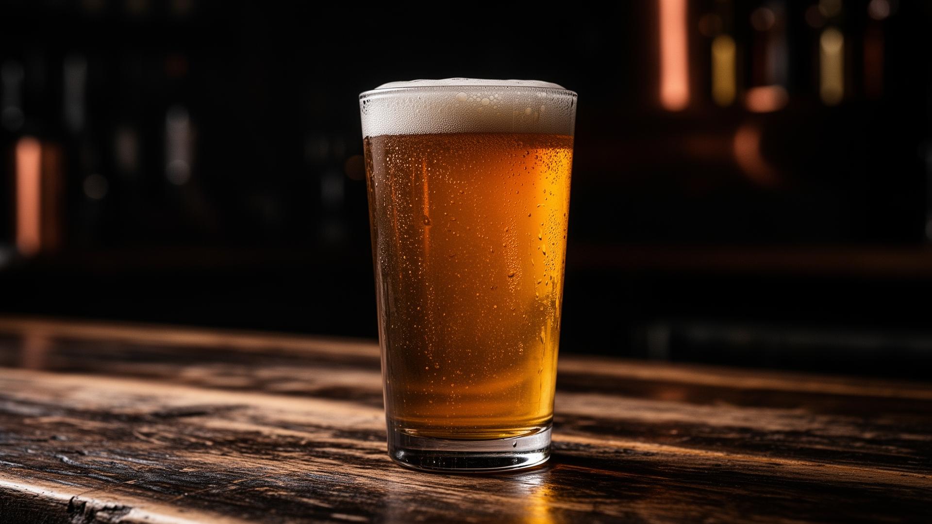 A freshly poured pint of craft beer glowing amber on a worn wooden bar